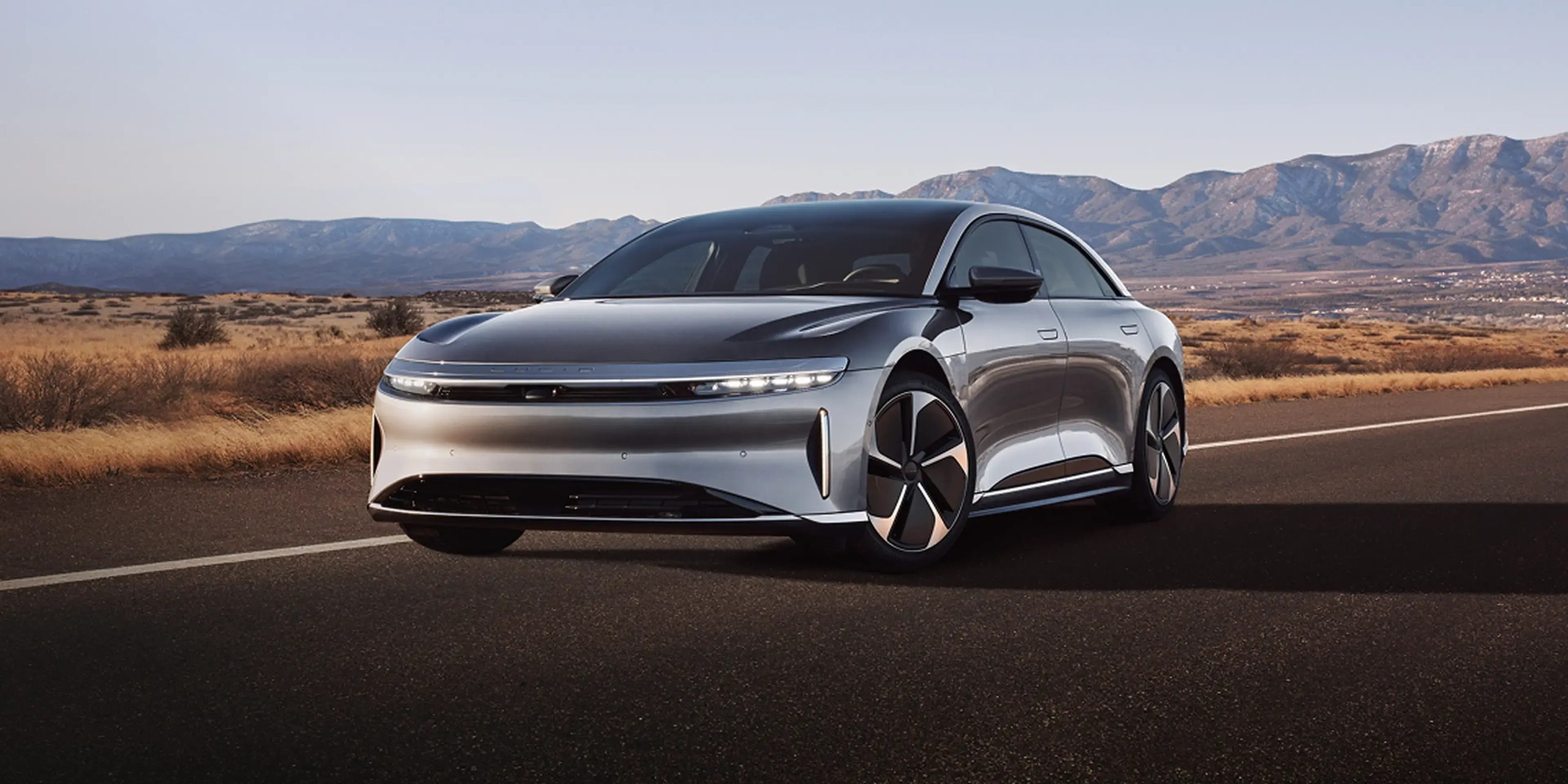 Lucid Air Grand Touring front with headlight on and wheels