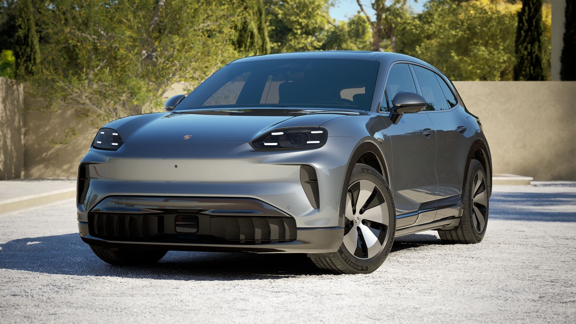 Front view of the Porsche Cayenne Electric in metallic grey.