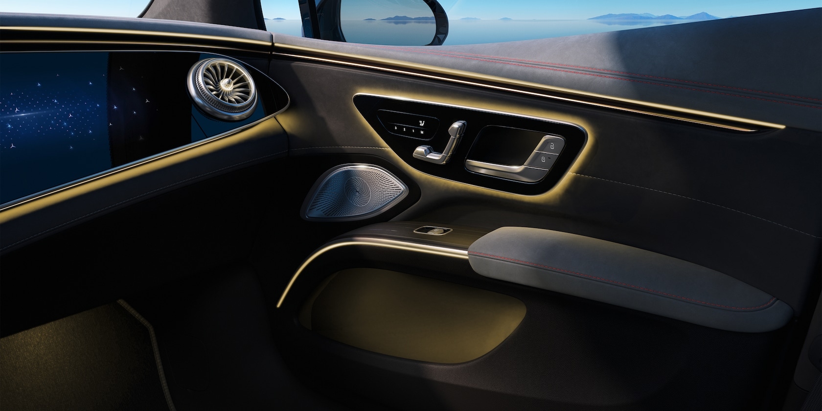 Mercedes-Benz EQS 580 interior door panel featuring ambient lighting, premium materials, and Burmester speaker.
