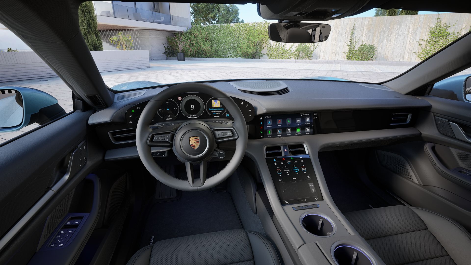 Porsche electric car interior with digital cockpit and touchscreen dashboard