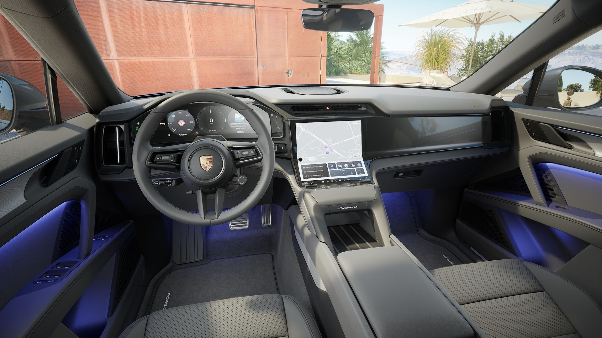 Interior front cabin of the Porsche Cayenne Electric with digital cockpit.
