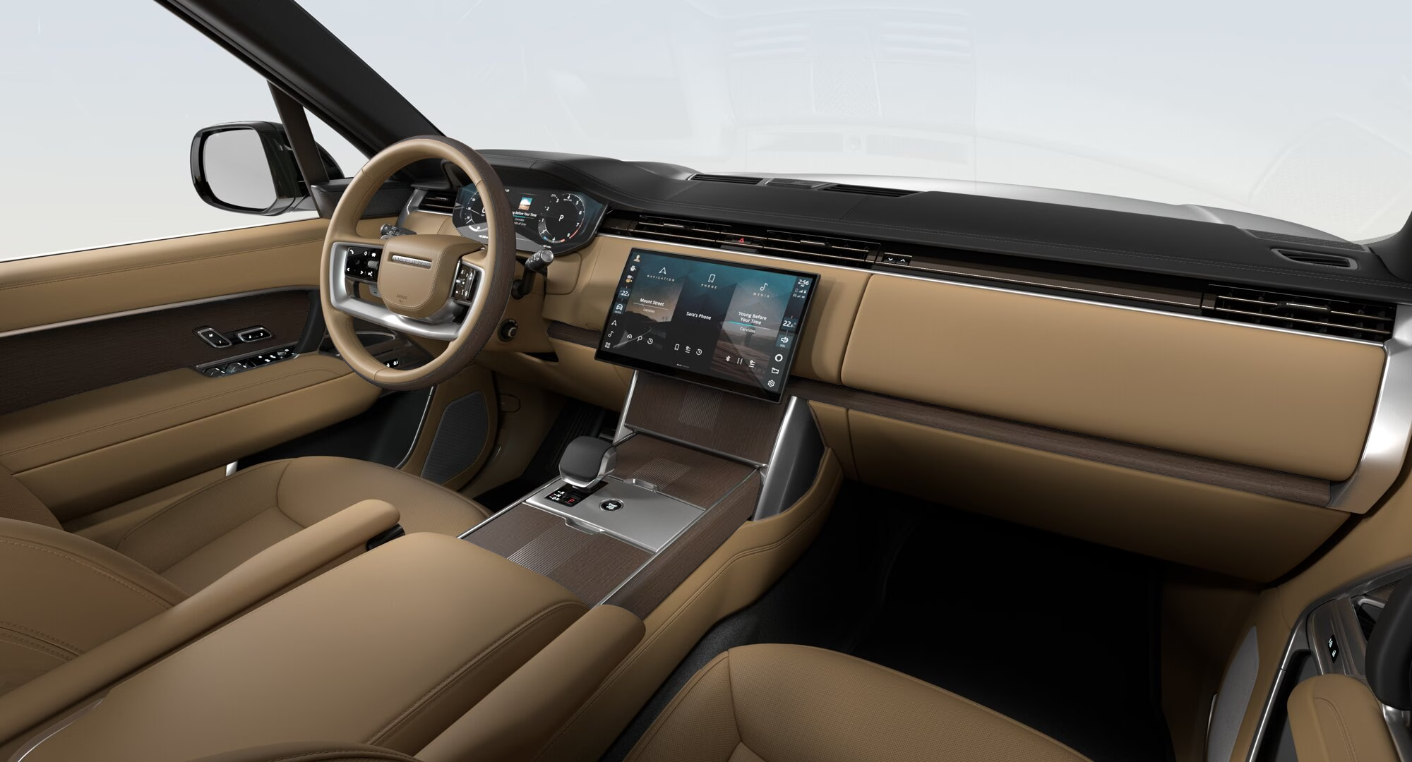 Range Rover interior with touchscreen and premium dashboard.