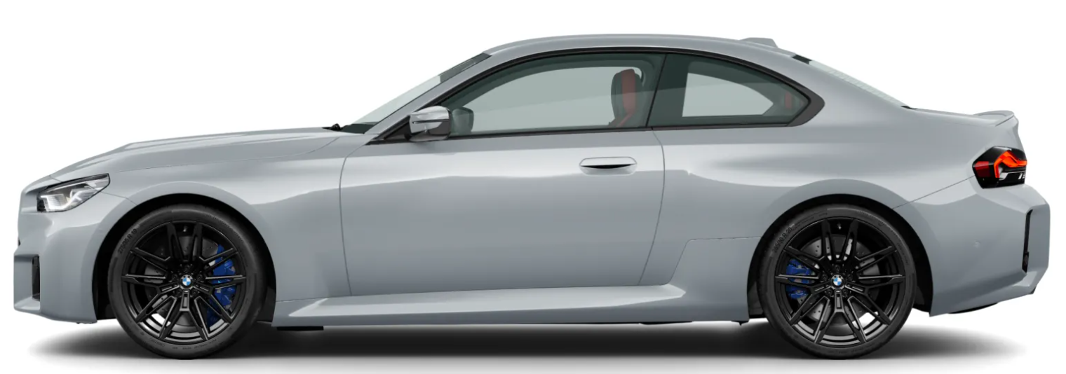 BMW M2 Coupe side profile in grey featuring aerodynamic lines, black wheels, and performance brake calipers.