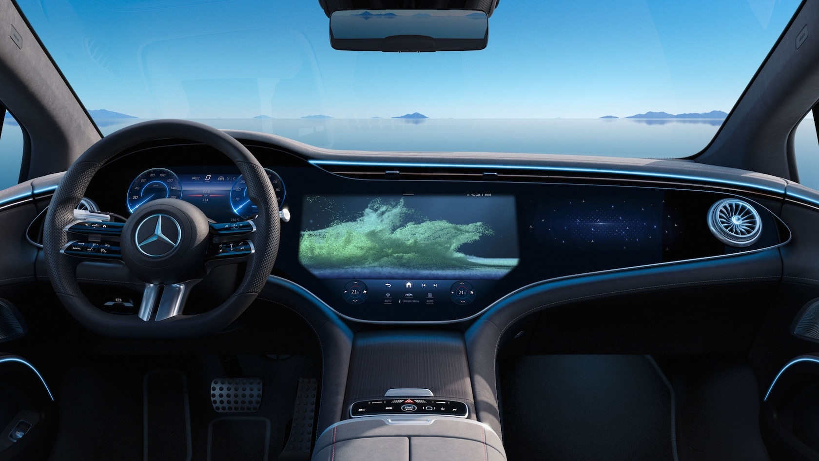 Mercedes-Benz EQS 580 interior with MBUX Hyperscreen dashboard, steering wheel controls, and luxury cabin design