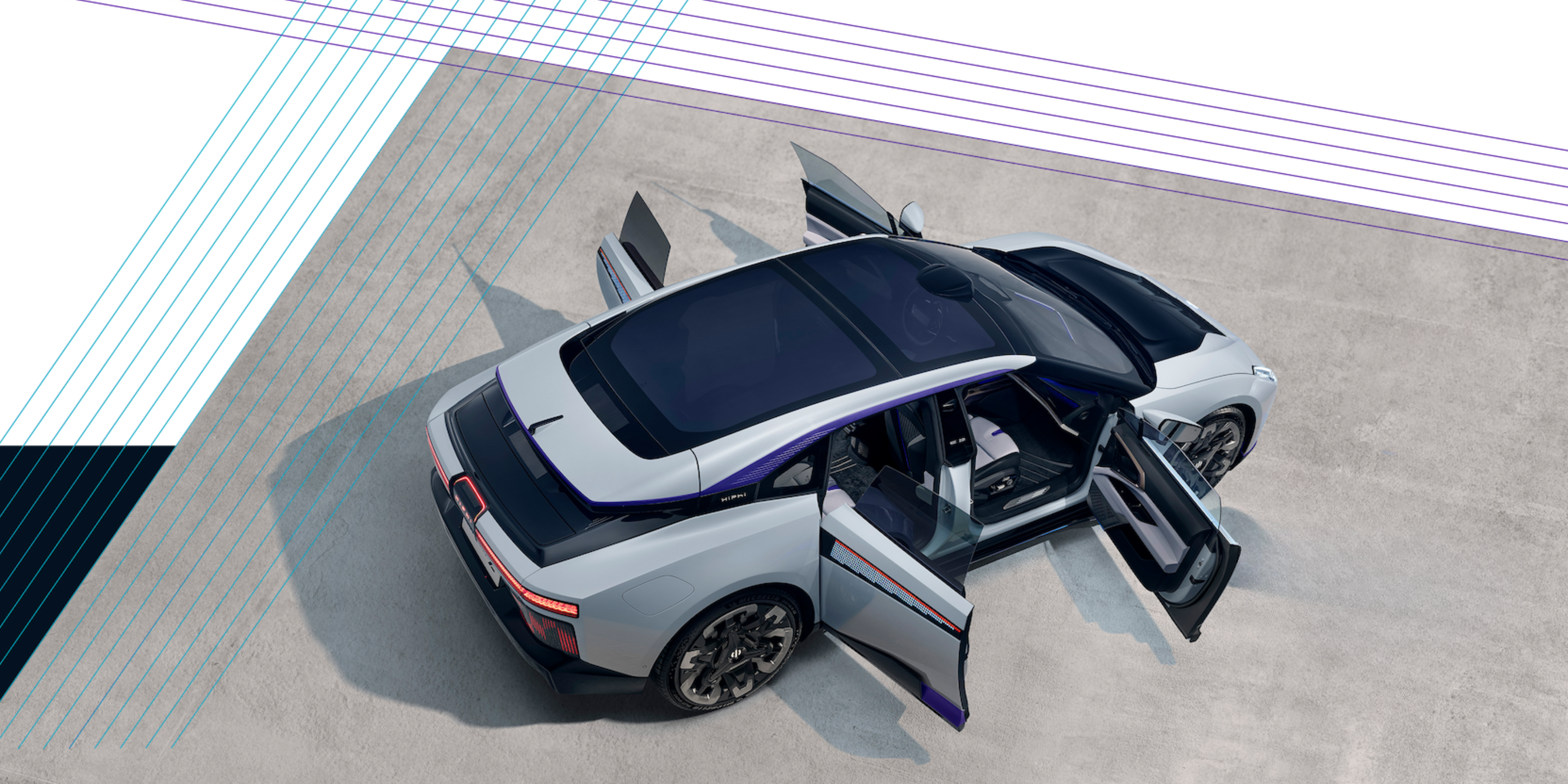 HiPhi X electric SUV viewed from above with all doors open, showcasing its futuristic design and panoramic roof.