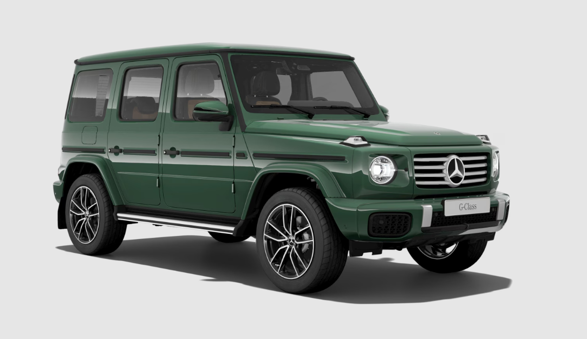 Mercedes-Benz G-Class luxury SUV in metallic green, showcasing boxy design and premium off-road styling.