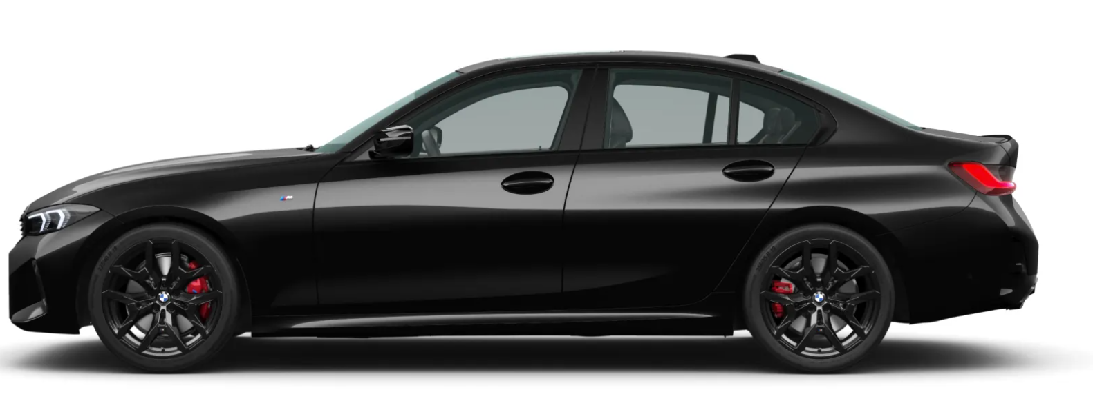Side profile of a black BMW performance sedan showcasing sporty alloy wheels and sleek exterior design.