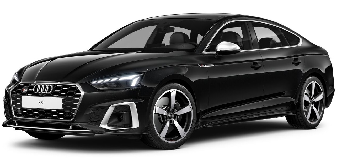 Front-angle view of the Audi S5 Black Edition featuring LED headlights, sporty alloy wheels, and a bold honeycomb grille.